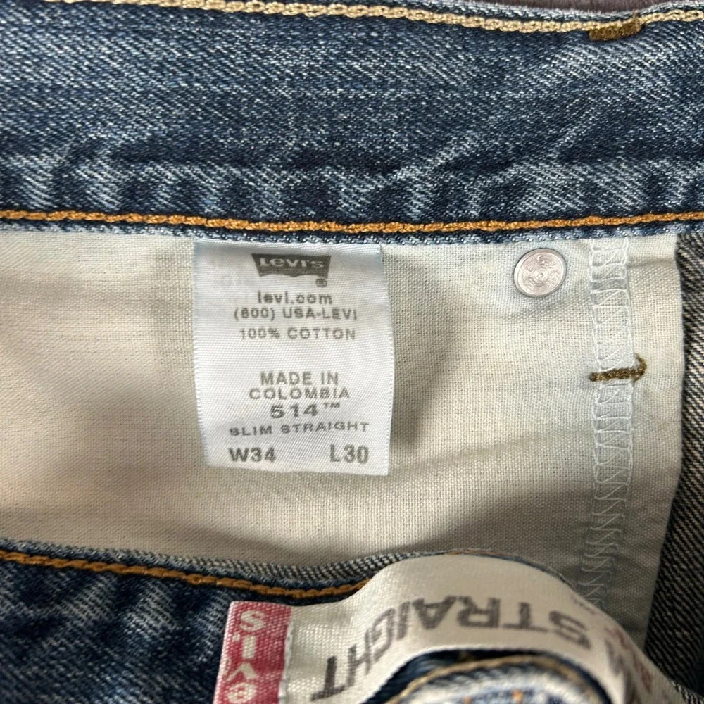 Levi's 514 Jeans Mens W34 L30‎ Blue Slim Straight Distressed Denim